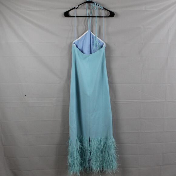 Alexis Dress XS Izzie Lagoon Feathered Blue Trim Halter Maxi Gown Evening Luxury - Picture 8 of 14